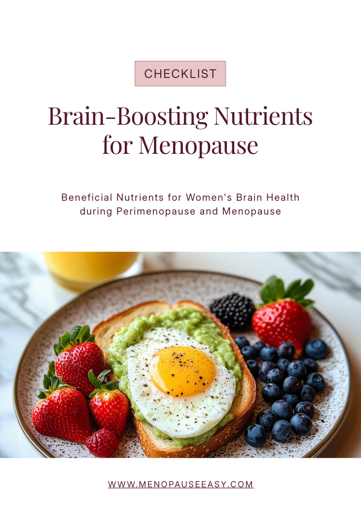 Beneficial Nutrients for Women's Brain Health during Perimenopause and Menopause. Plate of avocado toast with egg, strawberries, and blueberries on a marble surface.