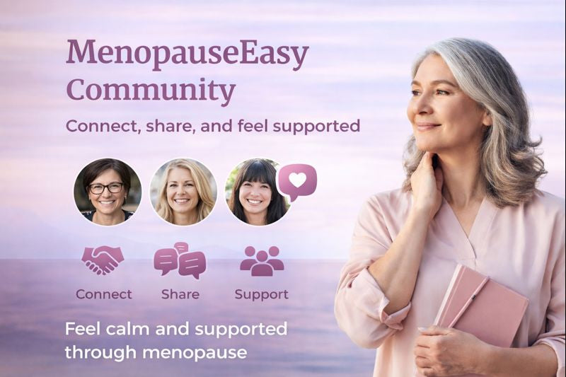 Advertisement for MenopauseEasy Community with a woman holding a pink notebook against a purple background.