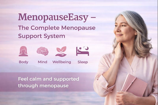 Advertisement for MenopauseEasy with a woman holding a notebook against a beach background.