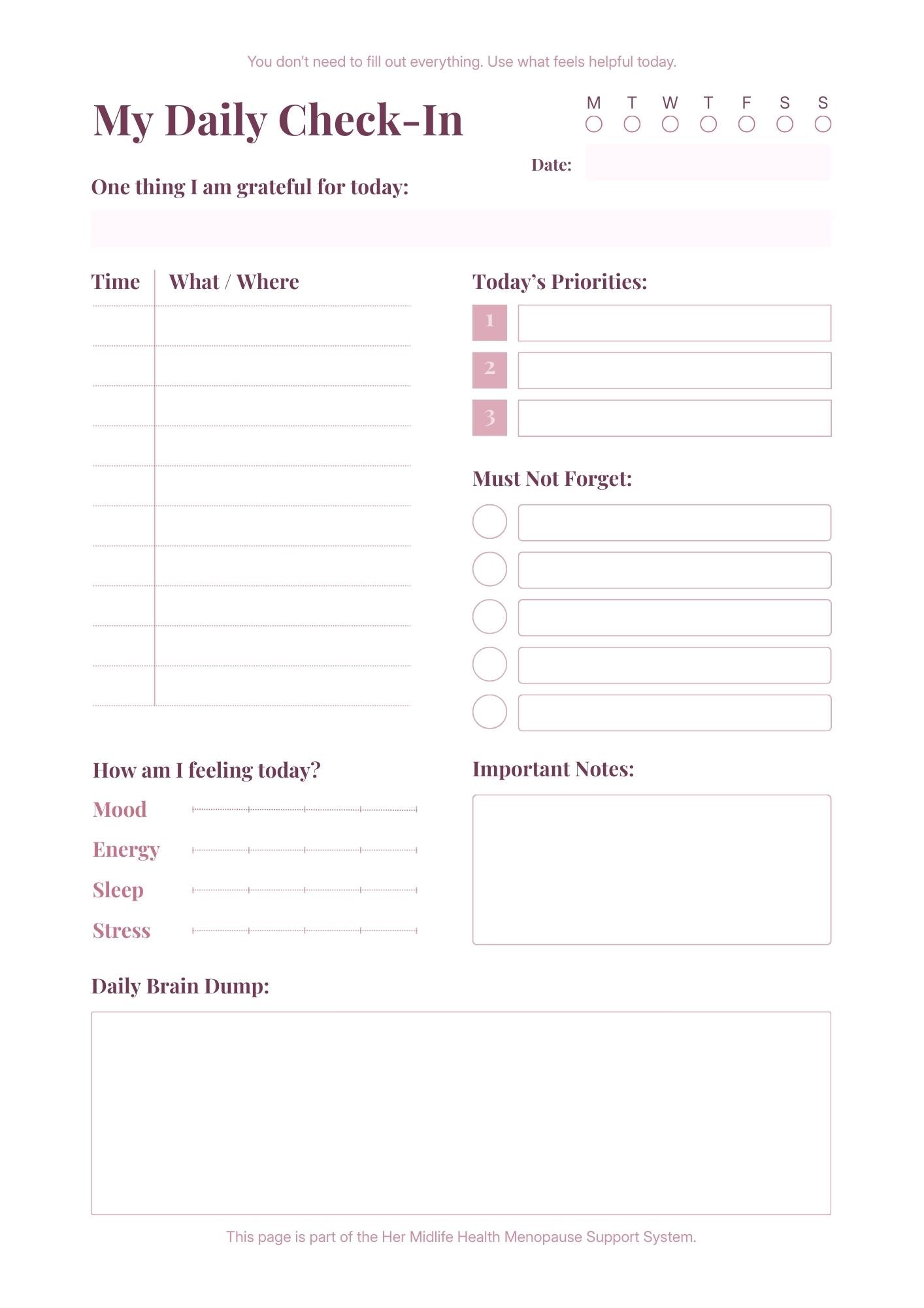 Daily check-in form with various sections for tracking activities and thoughts.