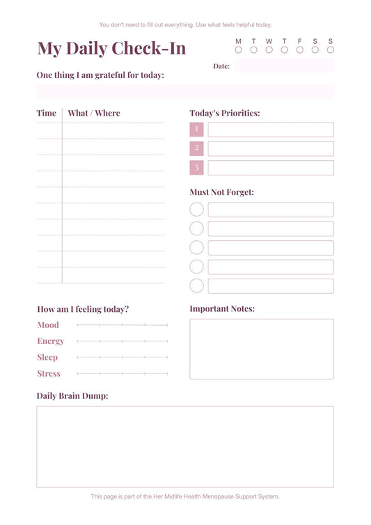 Daily check-in form with various sections for tracking activities and thoughts.