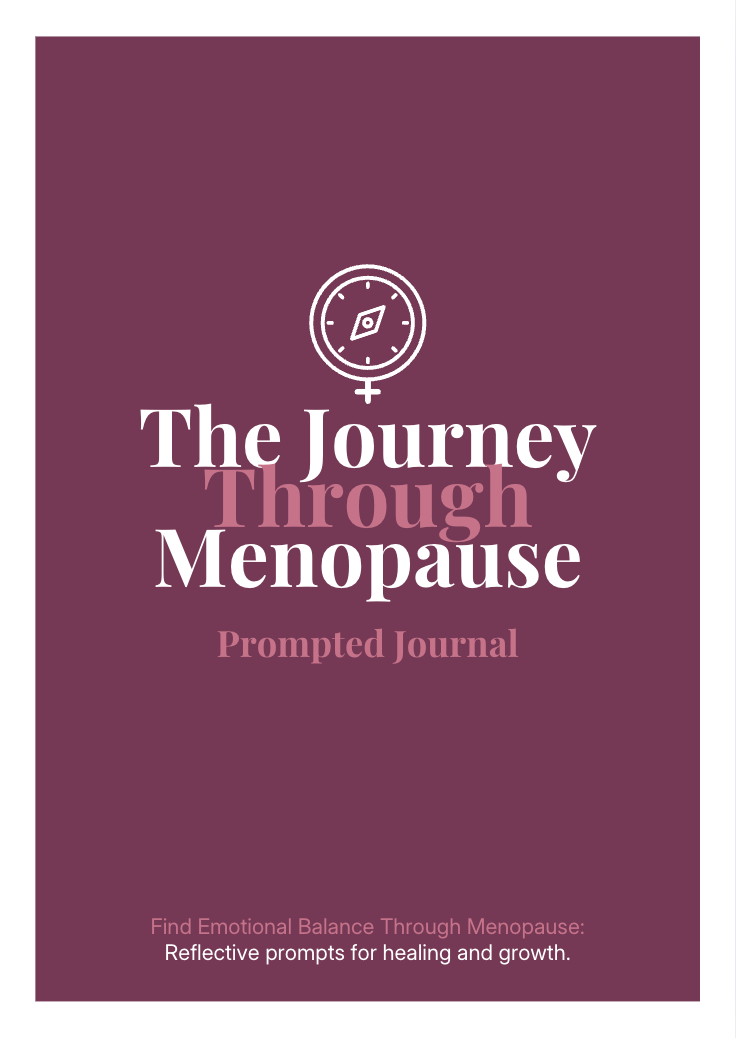 Journal titled 'The Journey Through Menopause' on a purple background