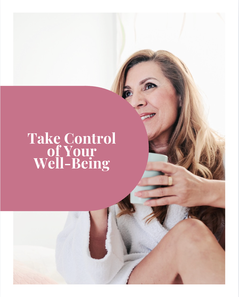 Woman in a white robe holding a mug with text 'Take Control of Your Well-Being' on a light background